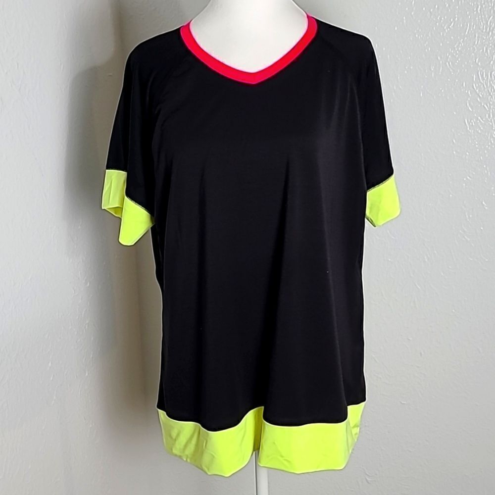 Avia Short Sleeve Colorblock Athletic Shirt, Black/Neon, Size XL (16-18)